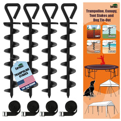 Eurmax USA Trampoline Stakes Heavy Duty Trampoline Parts Steel Stakes Anchor Kit for Trampolines Canopy Anchor Dog Tie Out Stakes -Set of 4 Bonus 4 Strong Belt(Black)