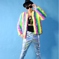 Men's Colorful Faux Fox Fur Coat with Long Sleeves