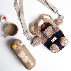 Cute Plush Bear Thermal Cup with Dual-purpose Straw 450ml