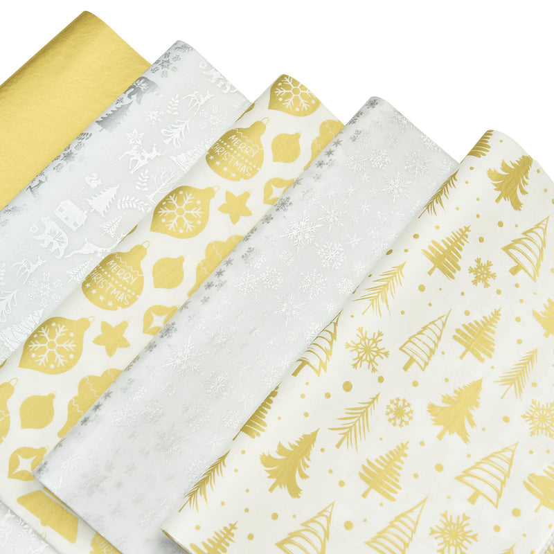 100 Sheets Christmas Metallic Gold Silver Tissue Paper Bulk Xmas Tree Jingle Bell Polar Bear Reindeer Snowflake Gift Wrapping Paper for Gift Bag Winter New Year Decoration Gift Packaging 20x14