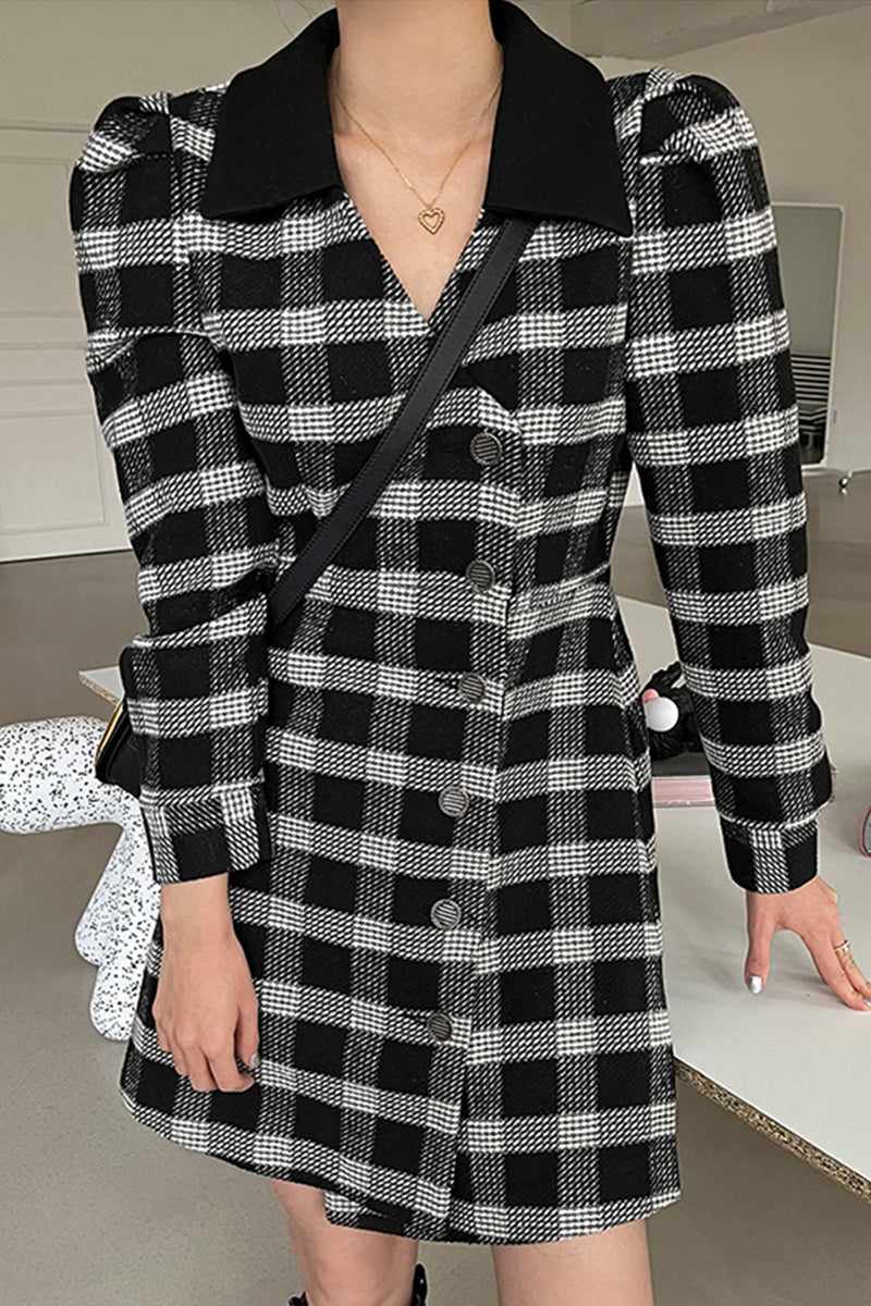 Vintage Color Contrast Check Bubble Sleeve Dress for Women