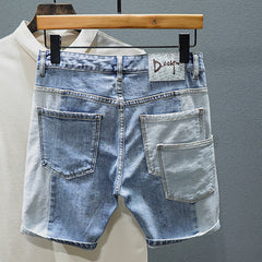 Men's Light Denim Shorts with Patchwork and Holes