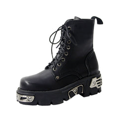 Chunky Sole Motorcycle Boots with Vintage Lace-Up Design