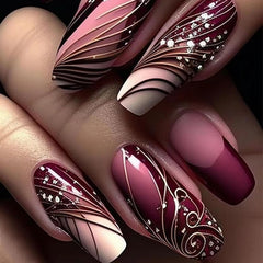 LOPMNGHT 24Pcs Press on Nails Medium Length Ballet Shaped Red French False Nails with Lines Design Gloss Artificial Stick on Nails Full Cover Acrylic Coffin Nails Reusable Glue on Nails for Women