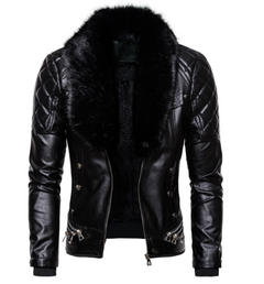 Stylish Solid Color Men's Leather Jacket with Fur Collar