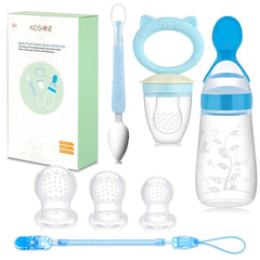 Baby Food Feeder Set Silicone Rattle Fruit Pacifier 125ml Squeeze Spoon Infant Teething Feeding Supplies (Blue+Spoon)