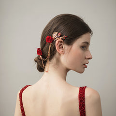 O388 Ethnic Red Bridal Headpiece with Fabric Flowers