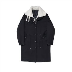 Stylish Long Cotton Coat with Lamb Wool Layered Collar