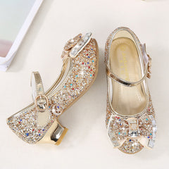 Girls' Casual Glitter High Heel Leather Shoes with Bow