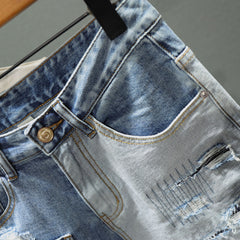 Men's Light Denim Shorts with Patchwork and Holes