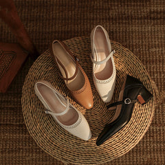 Vintage Floral Leather Mary Jane Heels with Block Heel