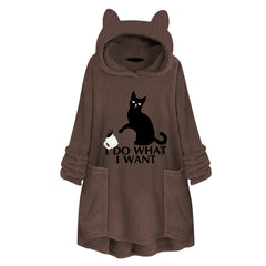 Long Sleeve Cat Print Hoodie with Irregular Hem