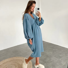 Autumn Long Sleeve Sleep Dress with V-Neck for Women