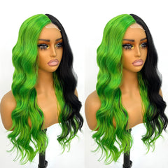 GIANNAY Green and Black Lace Front Wigs Long Wave Synthetic Green Wigs for Women 24-26 Inch (3/4 Green & 1/4 Black)
