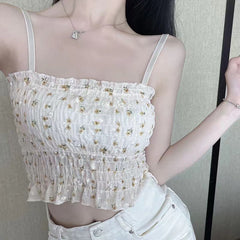 French Floral Camisole Top with Built-in Pads for Summer