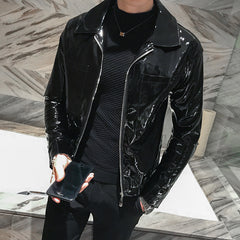 Men's Motorcycle Leather Jacket with Lapel Design