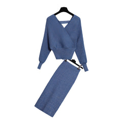 V-Neck Fashion Goddess Two-Piece Knit Set with Skirt