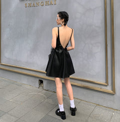 Summer Dark Style PU Leather Halter Dress with Cutouts