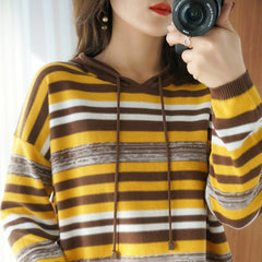 Loose Hooded Striped Sweater for Women with Long Sleeves