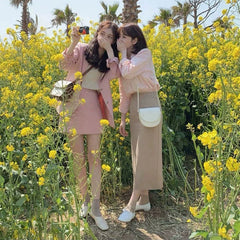 Pink British Style Women's Blazer and Skirt Set