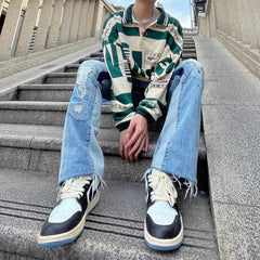 Men's Ripped Straight Loose-Fitting Patchwork Jeans