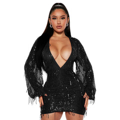 V-neck Sequin Tassel Dress for Women