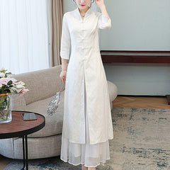 Retro Cotton Linen Qipao Dress with Seven-Point Sleeves