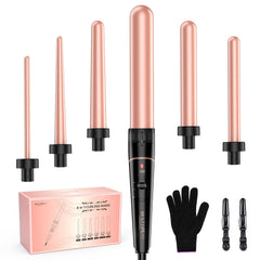 Long Barrel Curling Iron Wand Set BESTOPE PRO 6 in 1 Curling Wand Set with Ceramic Barrel for Long/Medium Hair 0.35"-1.25" Interchangeable Hair Wand Curler Dual Voltage Include Glove & Clips