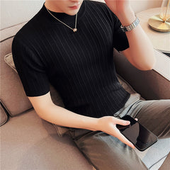Men's High Collar Slim Fit Striped Knit Shirt Set