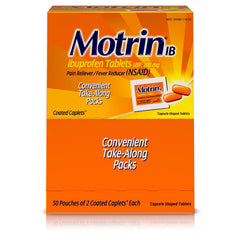 Motrin IB Unit Dose Box of 100 (50 Packs of 2) Coated Caplets 200mg Ibuprofen