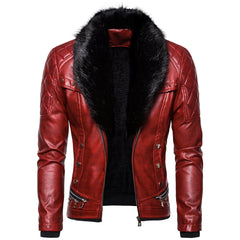 Stylish Solid Color Men's Leather Jacket with Fur Collar