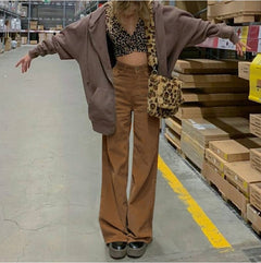 Loose Straight High Waist Corduroy Pants with Pockets