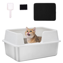 Kittenhood Enclosed Stainless Steel Litter Box with lid Scooper and Pads Easy Clean Low Entry High Sided Litter Box 19.7” * 13.8” * 9.9” Metal Kitty Litter Box White