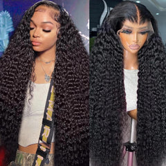 Zhengshuo Deep Wave Lace Front Wigs Human Hair 180% Density 13x4 Curly Lace Front Wig Human Hair Wigs for Black Women 13x4 HD Lace Frontal Glueless Wigs Human Hair Pre Plucked Natural Color（34 Inch）