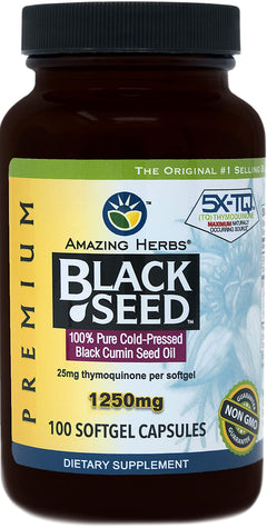 Amazing Herbs Black Seed Oil Pills 1250mg 100 Softgel Capsules - Cold-Pressed | Non GMO