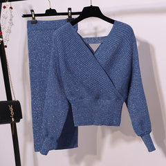 V-Neck Fashion Goddess Two-Piece Knit Set with Skirt