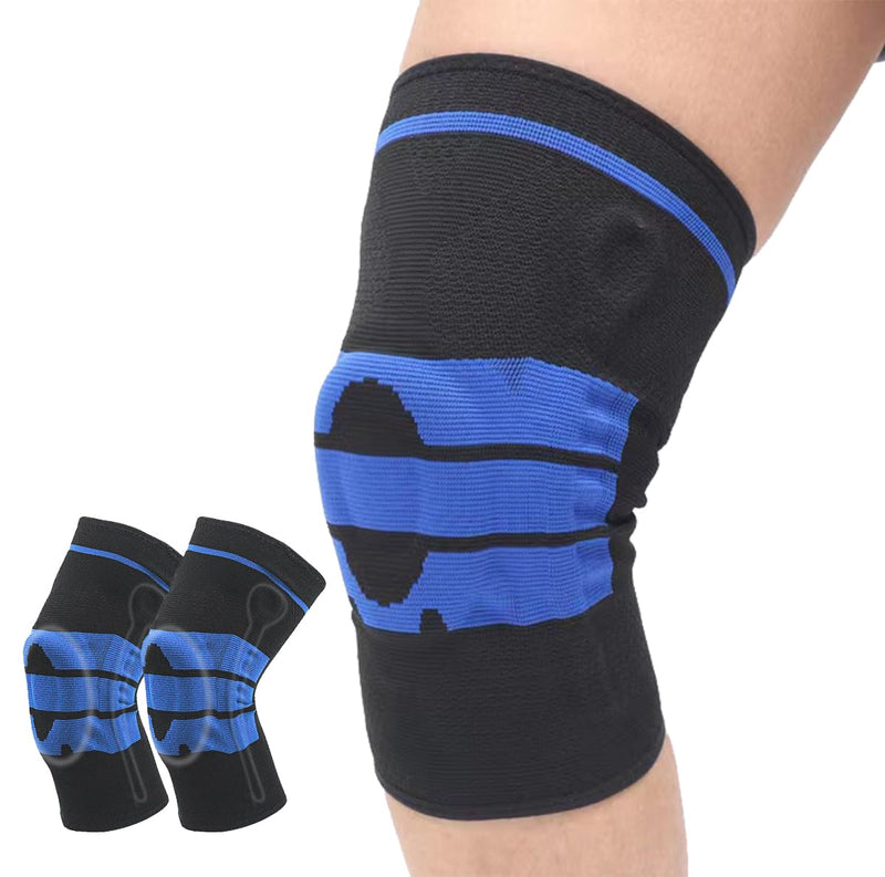 2 Pack Knee Sleeves for Men Women Compression Knee Brace Knee Sleeve with Side Stabilizers & Patella Gel Pad Knee Bands for Pain Relief Knee Braces for Knee Pain Knee Brace for Arthritis Pain and Support (Black+Blue Medium)
