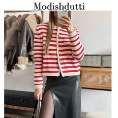 Spring Women's Slim Fit Red & White Striped Cardigan