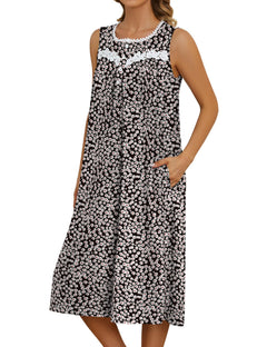 Bloggerlove Plus Size Nightgowns for Women Long Sleeveless Nightgown with Pockets U Neck Lace Racerback House Dress(BlackXXL)