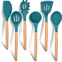 Kitchen Utensils Set of 6 E-far Silicone Cooking Utensils with Wooden Handle Non-stick Cookware Friendly Includes Spatula/Ladle/Slotted Turner/Serving Spoon/Spaghetti Server(Teal Blue)