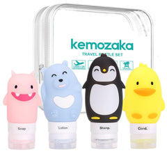 kemozaka Cute Silicone Travel Size Bottles Set for Toiletries BPA Free Leak Proof Squeezable Travel Containers With Built-in Labels TSA Approved Refillable Travel Essentials Accessories (4pcs)