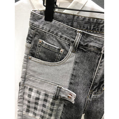 Summer Gray Denim Patchwork Plaid Hip-Hop Shorts
