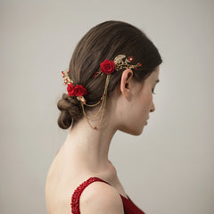 O388 Ethnic Red Bridal Headpiece with Fabric Flowers