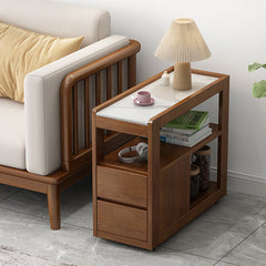 Mobile Solid Wood Sofa Side Table with Wheels