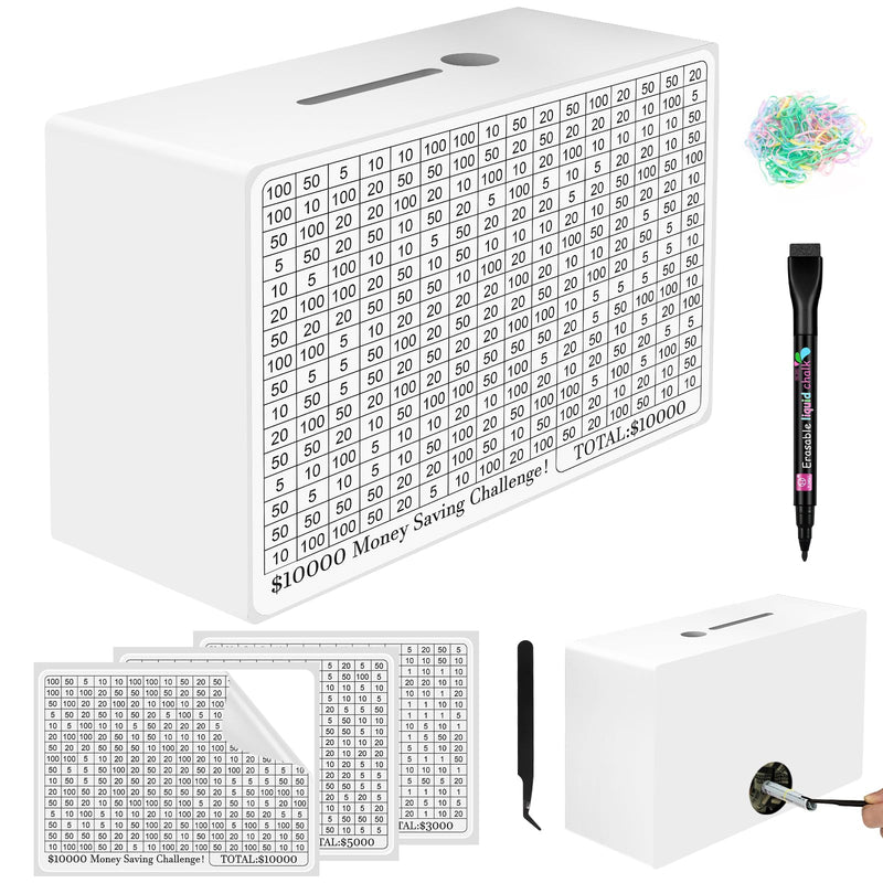 Wooden Money Saving Box Cash Savings Box for $10000 $5000 $3000 Target Money Saving Challenge Reusable Money Box with Counter Cash Vault Bank with Dry Erase Pen/Savings Trackers/Rubber Band-White