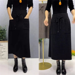 Korean Retro Knitted Wool Long Skirt with Pockets
