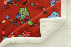 Coral Fleece Blanket with Cat and Owl Pattern