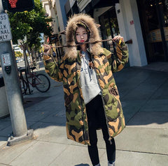 Slim Fit Camouflage Down Coat with Thick Fur Collar