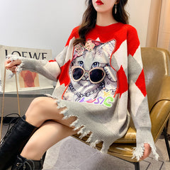 Autumn Cat Sequin Knit Sweater - Loose Fit, Casual