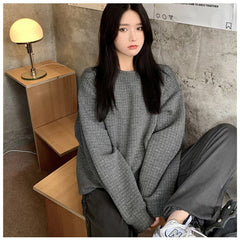 Women's Trendy Loose Waffle Round Neck Pullover